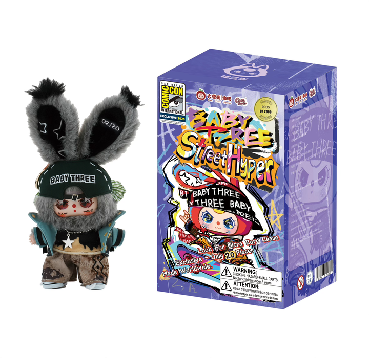 2025 SDCC Exclusive Baby Three “Street Hyper” Vinyl Collector Plush – Purple Box