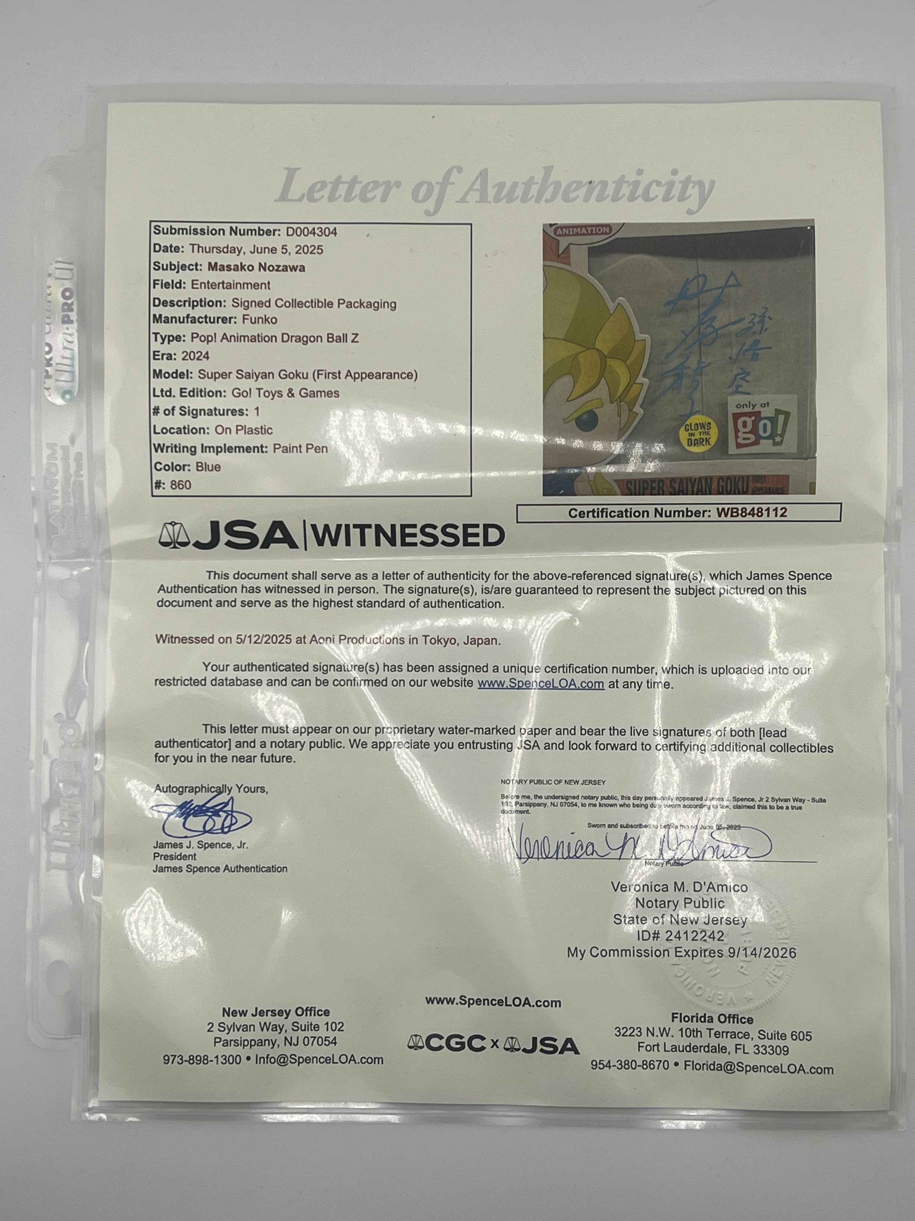 FUNKO POP! SUPER SAIYAN GOKU First appearance 860 GITD GO EXCLUSIVE JVA SIGNED