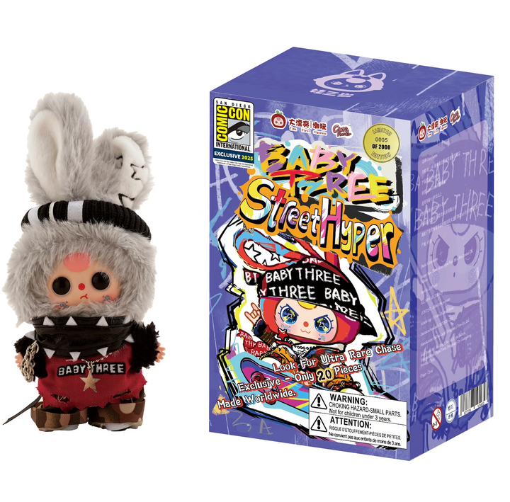 2025 SDCC Exclusive Baby Three “Street Hyper” Vinyl Collector Plush – Purple Box